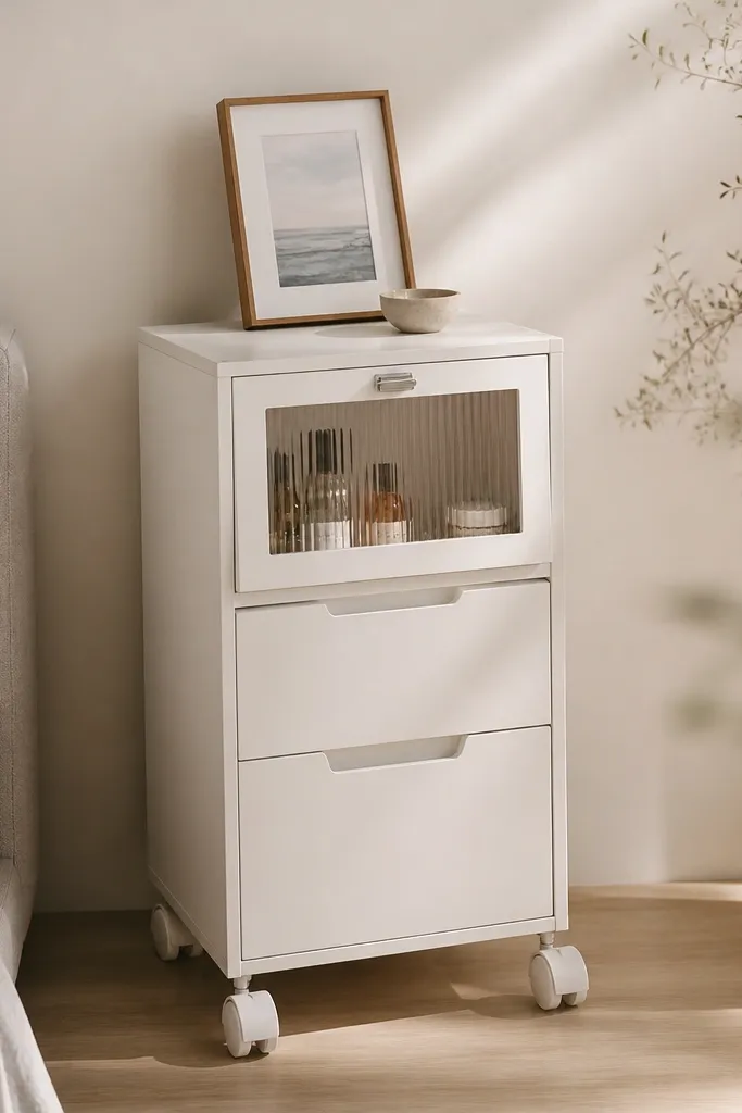 A small rolling cart in matte white with two drawers and a top compartment with a hinged door. The cart holds skincare bottles behind the door and has a single framed photo leaning against the wall.