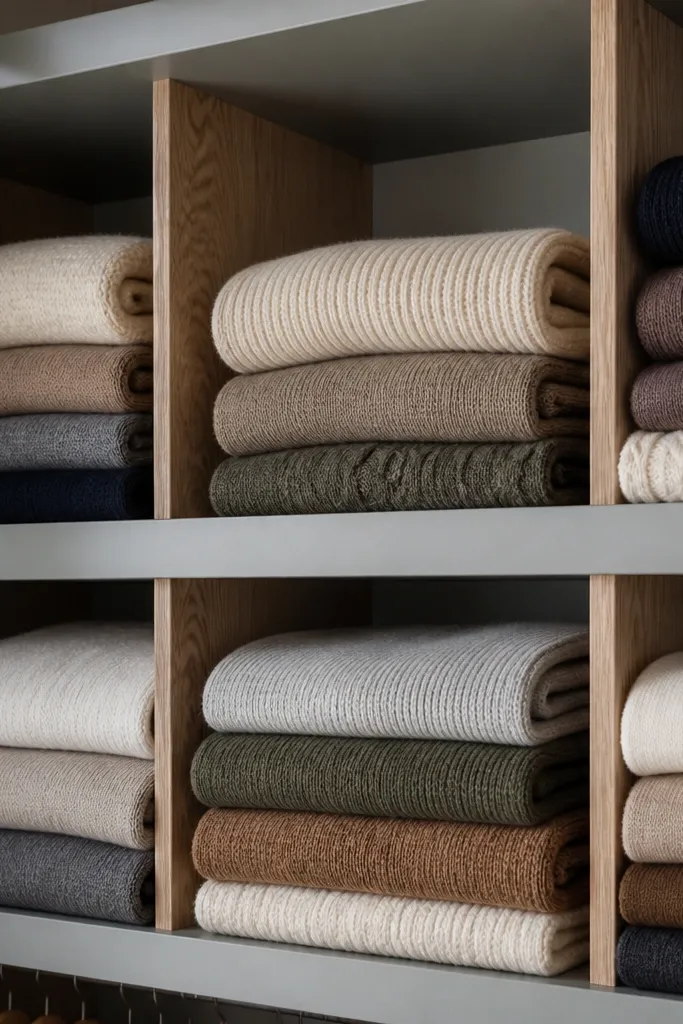 Inside a closet shelf with small wooden dividers. Folded sweaters sit upright in uniform stacks, and the shelf edges are painted a soft gray.