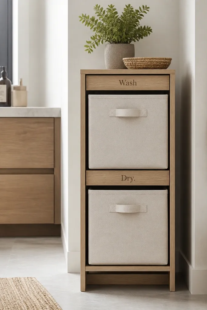 A narrow cabinet with two pull-out bins. Each bin is the same light cream color with fabric texture. A small wooden label strip sits above the bins reading "Wash" and "Dry."