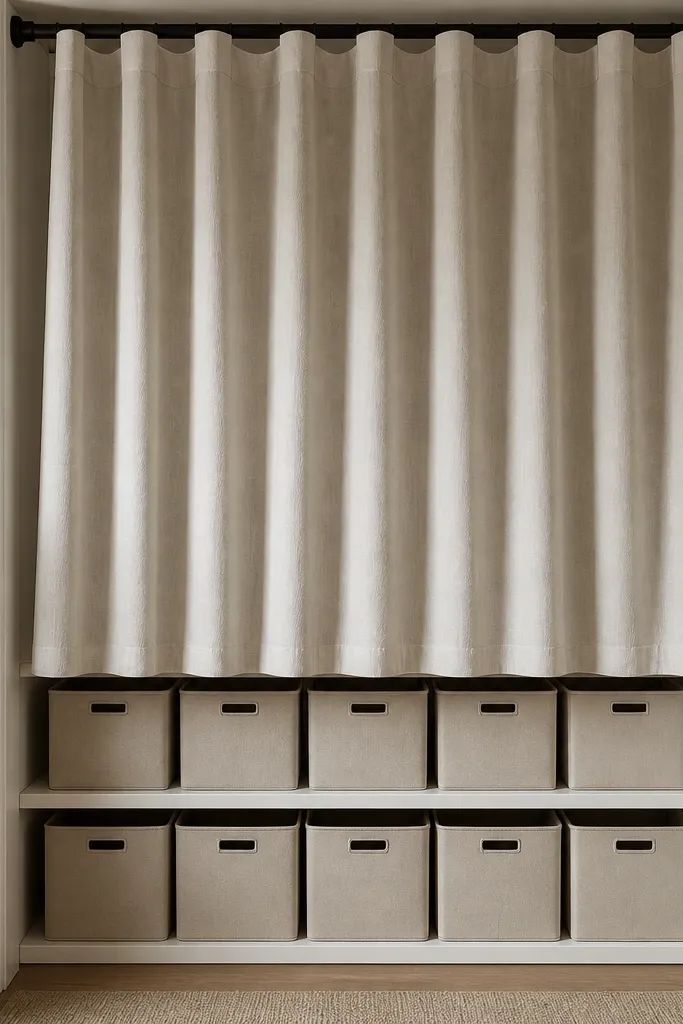 A closet shelf area with a tension rod and a soft linen curtain. Behind it, uniform storage bins sit in rows. The curtain hangs straight and stops just above the shelf bottom.