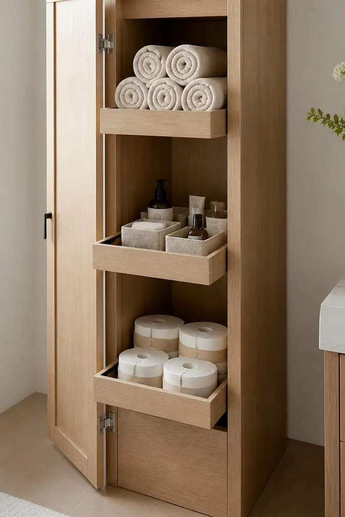 A tall, slim linen cabinet with pull-out trays. The top tray holds neatly rolled towels, the middle tray holds toiletries in small matching boxes, and the bottom tray holds extra toilet paper wrapped in paper bands.