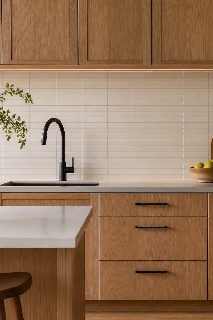 Kitchen with natural white oak cabinets, a black gooseneck faucet, matte black bar pulls on drawers, and a creamy off-white subway tile backsplash in a tight horizontal layout.