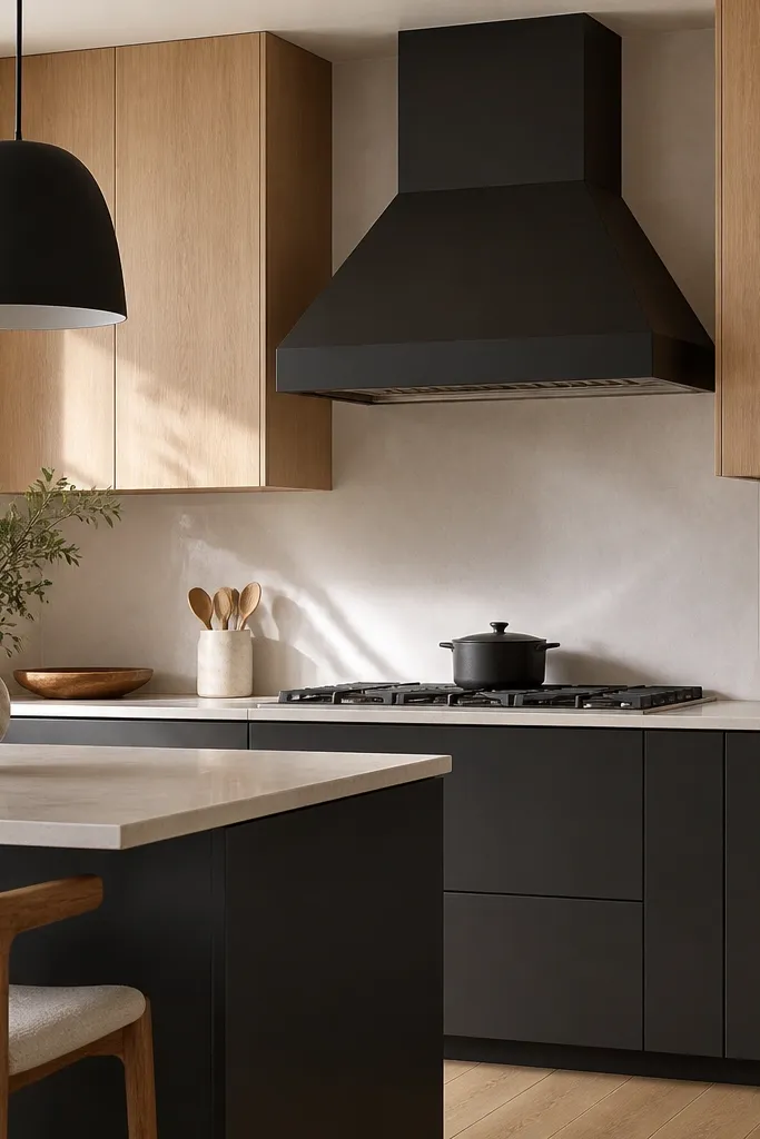 Range hood finished in matte black above a cooktop; natural white oak wall cabinets with simple slab fronts; black pendant light above a small breakfast bar.