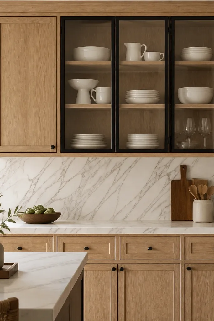 White oak kitchen cabinets with black metal frames around glass doors; shelves inside show neatly arranged white dishes; matte black knobs on solid doors.