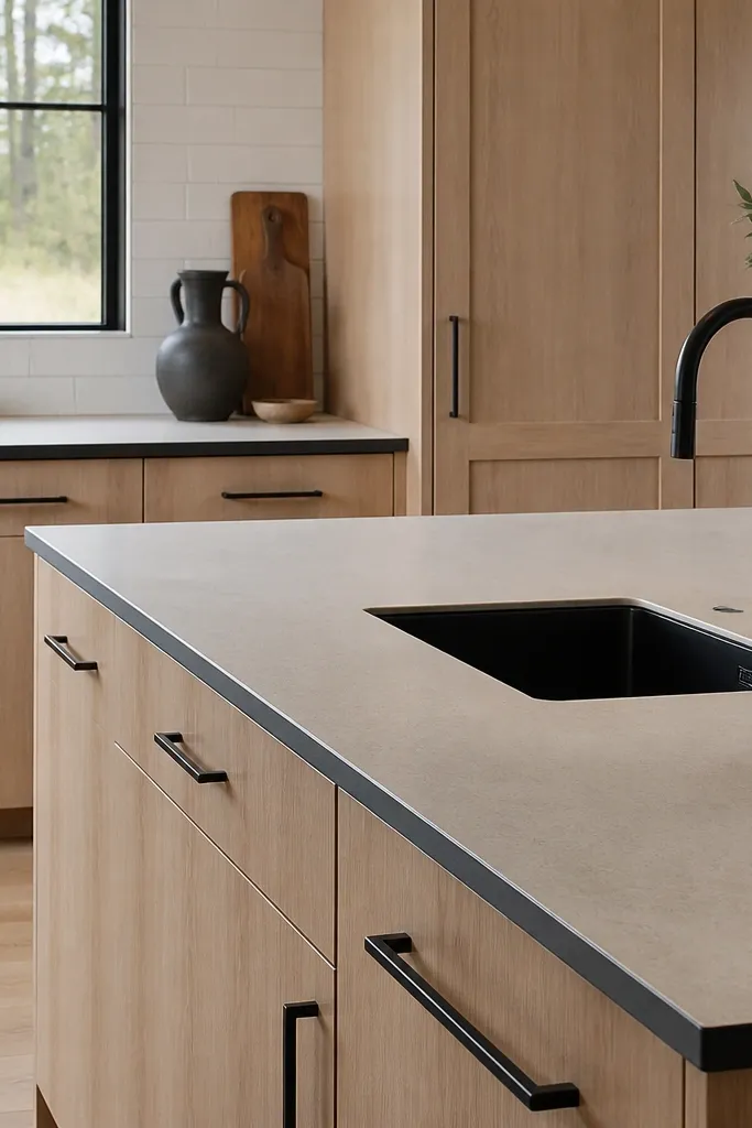 Natural white oak cabinets with a honed quartz countertop; the countertop has a dark, nearly black edge detail; black bar pulls and a black undermount sink.
