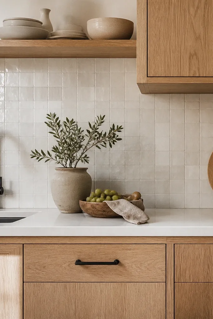 Kitchen backsplash of warm white zellige tiles with uneven handmade texture; natural white oak cabinets; matte black faucet and matching drawer pulls.