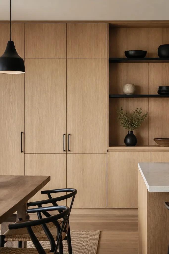 A wall of natural white oak cabinets with a small section of open shelving; the shelves are black metal with oak-toned back panel; black pendant lights above.