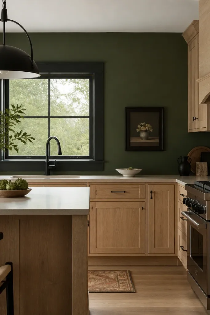 Kitchen with natural white oak cabinets; one wall painted deep green; black trim around a window and a matte black faucet; black light fixture over an island.