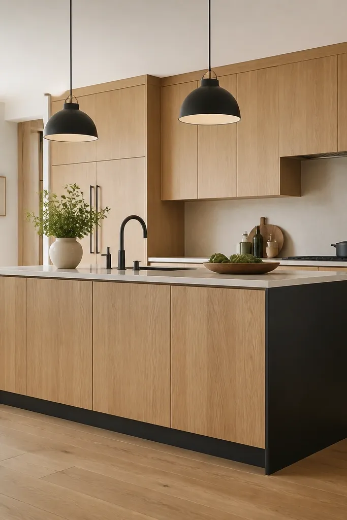 Kitchen island with natural white oak on the front panels; the sides and toe-kick are matte black; black pendant lights above; white oak cabinetry continues on perimeter.