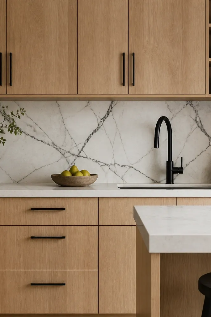 Natural white oak cabinets with a marble-look backsplash showing black veining; matte black pulls and a black faucet; countertop is light stone.