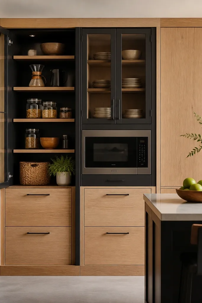 Built-in pantry and microwave surround in matte black frames; interior shelves show wood; surrounding cabinetry is natural white oak with matching black pulls.