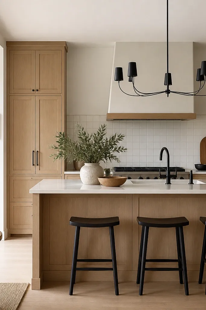 Natural white oak cabinets with matte black faucet and matte black chandelier over the island; no brass accents; walls are warm white; backsplash is simple square tile.