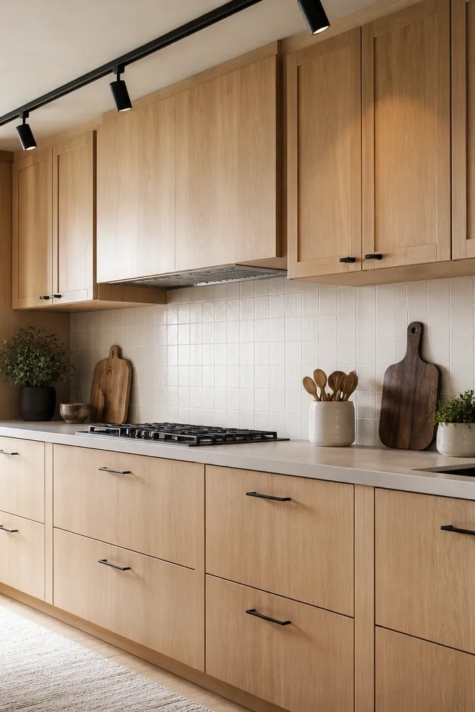 Kitchen with natural white oak cabinets, matte black track lighting running above the counter, black hardware, and a light backsplash in warm white.