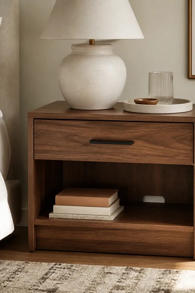 A warm walnut side table beside a bed, with one wide drawer and a lower compartment. The drawer front is simple with a black bar pull, and there's a small cutout inside the lower area for a power strip. A cream linen lamp sits on top next to a round tray.