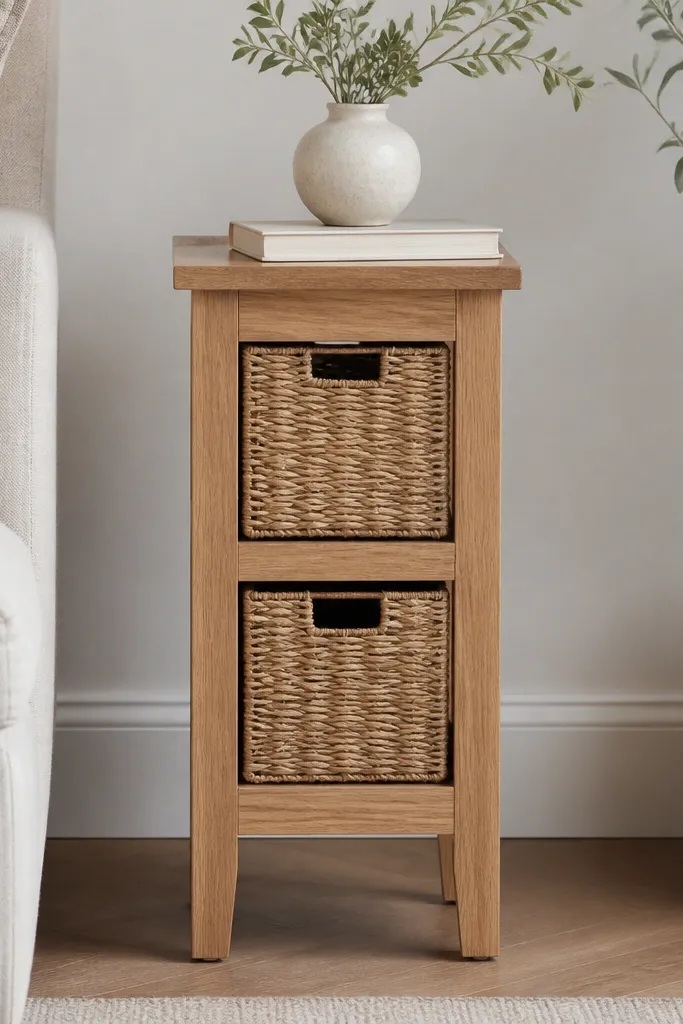 A slim white oak side table (about 13 inches wide) with two pull-out woven baskets. The top is light and smooth, and the baskets pull out like drawers. A small vase and a book sit on top.