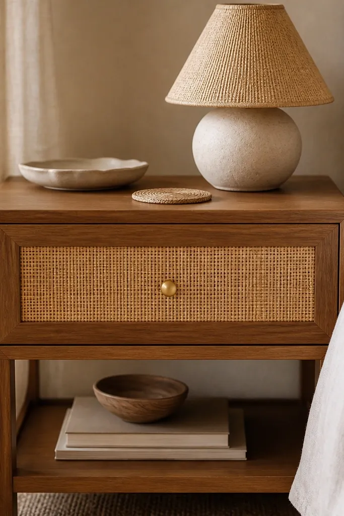 A bedside table with a rattan panel drawer front and a solid wood frame. The drawer closes with a small round knob. The top has a beige ceramic tray, a woven coaster, and a small lamp with a natural shade.