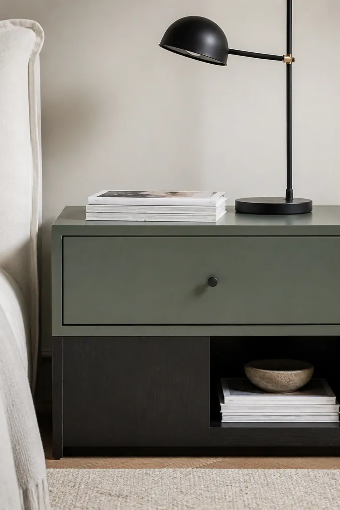 A side table painted in sage on the drawer front with a darker base. The drawer is deep and centered, and there's an open cubby on the bottom right. A black metal lamp and a stack of magazines sit on top.