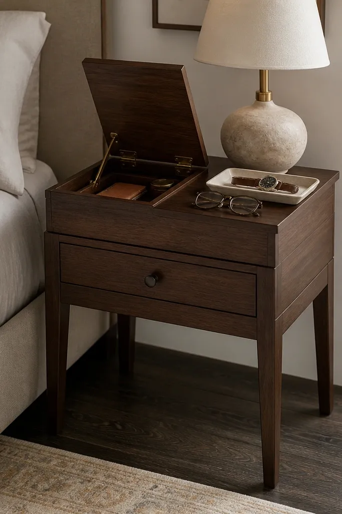 A compact side table with a hinged flip-top lid revealing a small interior compartment. The table has a narrow drawer below. A bedside lamp, a watch tray, and a pair of glasses sit on top.