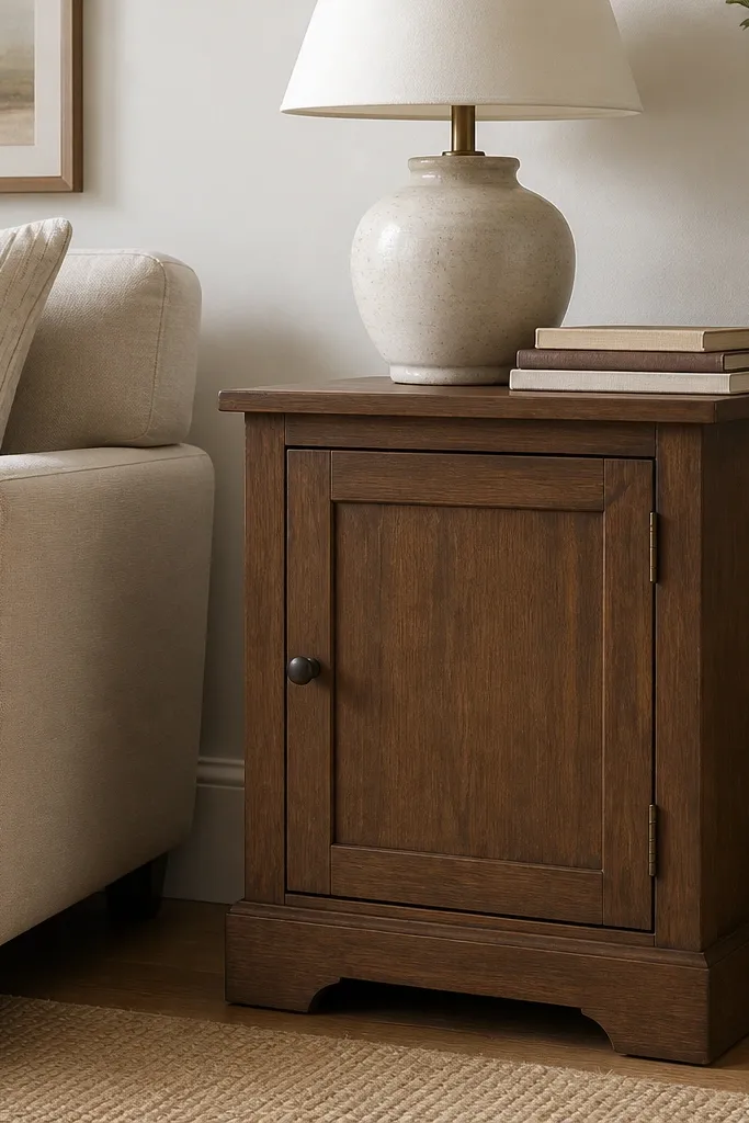 A classic cabinet-style side table with a single door, visible hinges, and an adjustable interior shelf. The door has a simple round knob. The top holds a lamp and a small stack of books.