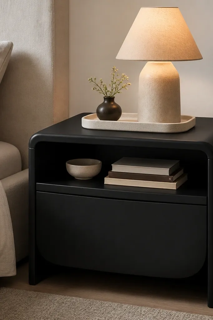 A bedside table with rounded corners and a curved drawer under a small open shelf. The finish is matte black, and the top has a warm-toned lamp shade. A tray sits centered on the top.