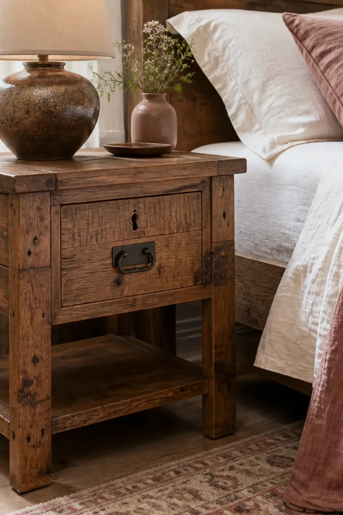 A side table made from reclaimed wood with a natural grain. There's a drawer inside the main body with a small key lock. The top shows a slightly rough texture, and a lamp sits on a simple tray.