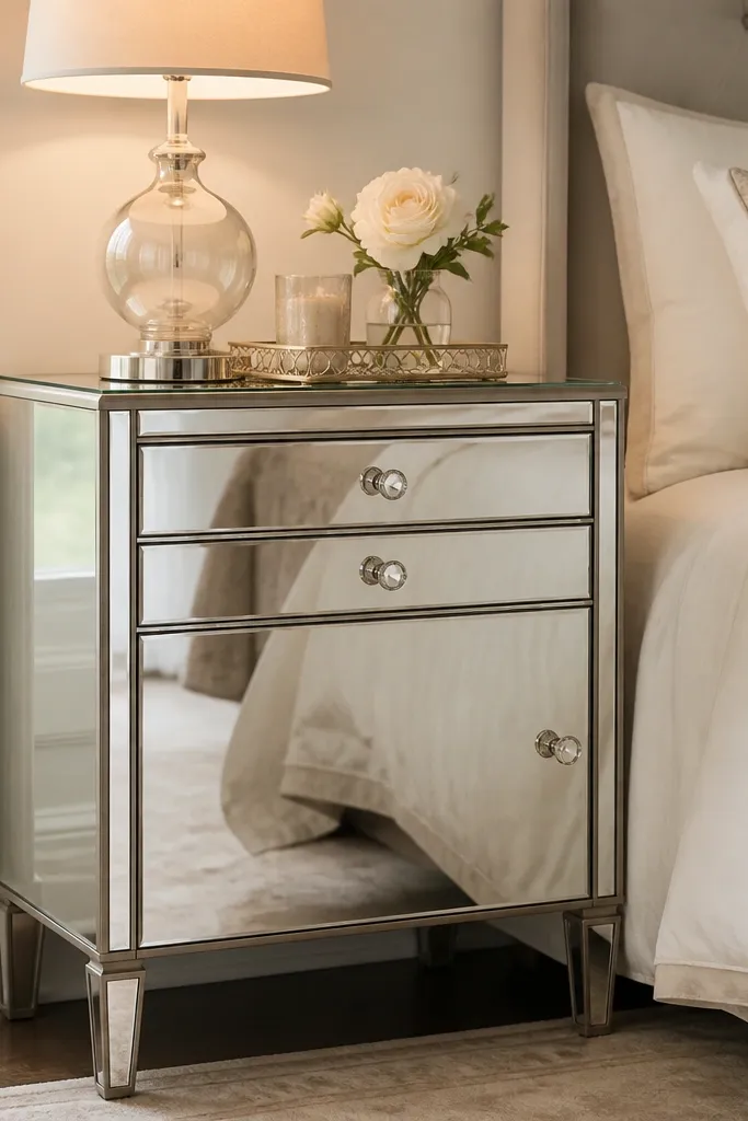 A mirrored panel cabinet-style side table with two slim drawers on top and a larger cabinet space below. The mirror reflects the bed and lamp glow. The top has a small lamp and a tray.