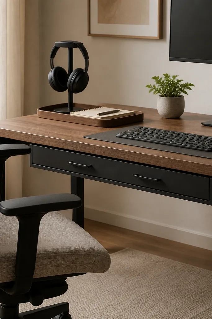 A desk setup with a slim under-desk drawer unit tucked beneath the keyboard area, two pull handles aligned with the chair's reach, and a small tray on top holding a headset stand and notepad.