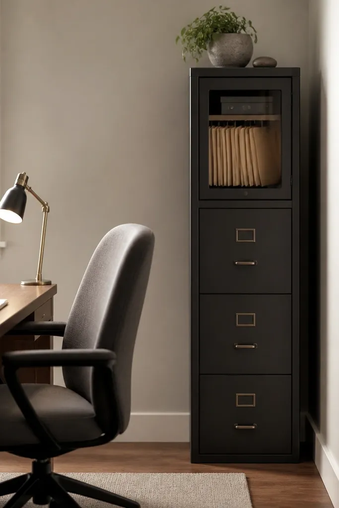 A narrow vertical filing cabinet placed behind a work chair, with hanging files visible through closed doors or a top section, and a small lamp on the desk facing the cabinet.