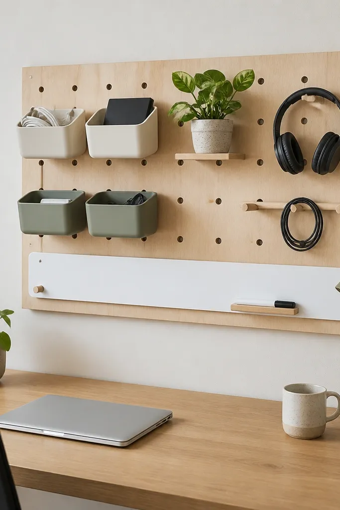 A light wood pegboard mounted on the wall with several small closed plastic bins on hooks, a horizontal rail for a headset cord, and one marker board strip above the desk.