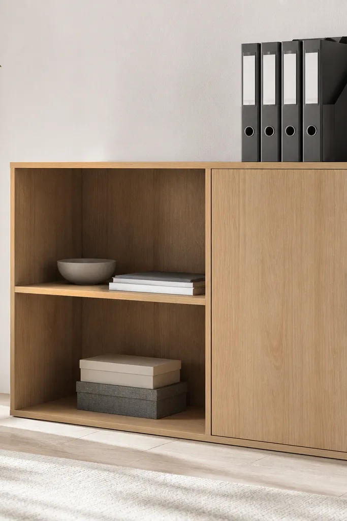 A bookshelf with two open shelves and one section with a door, showing neatly stacked binders labeled on the closed side, and a few decor-free items on the open shelves.