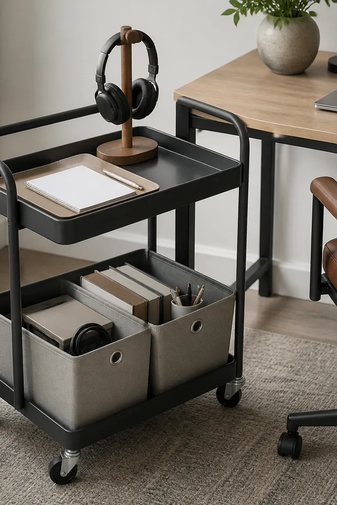 A two-tier rolling cart beside a desk, the top tier holding a tray with a notepad and headset stand, and the lower tier holding labeled bins.