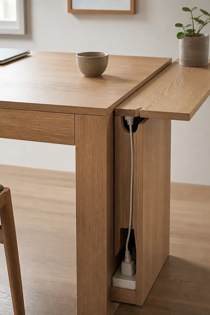 A desk with a narrow extension shelf on the side, and a visible cutout channel under the shelf edge where cables run down into a power strip compartment.