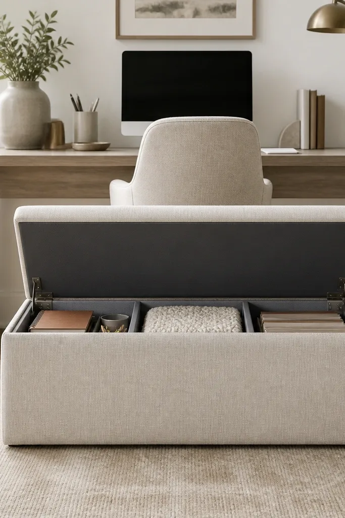 A fabric storage ottoman placed under the desk front, opened to show a lined interior with bins, while the desk chair remains centered behind it.