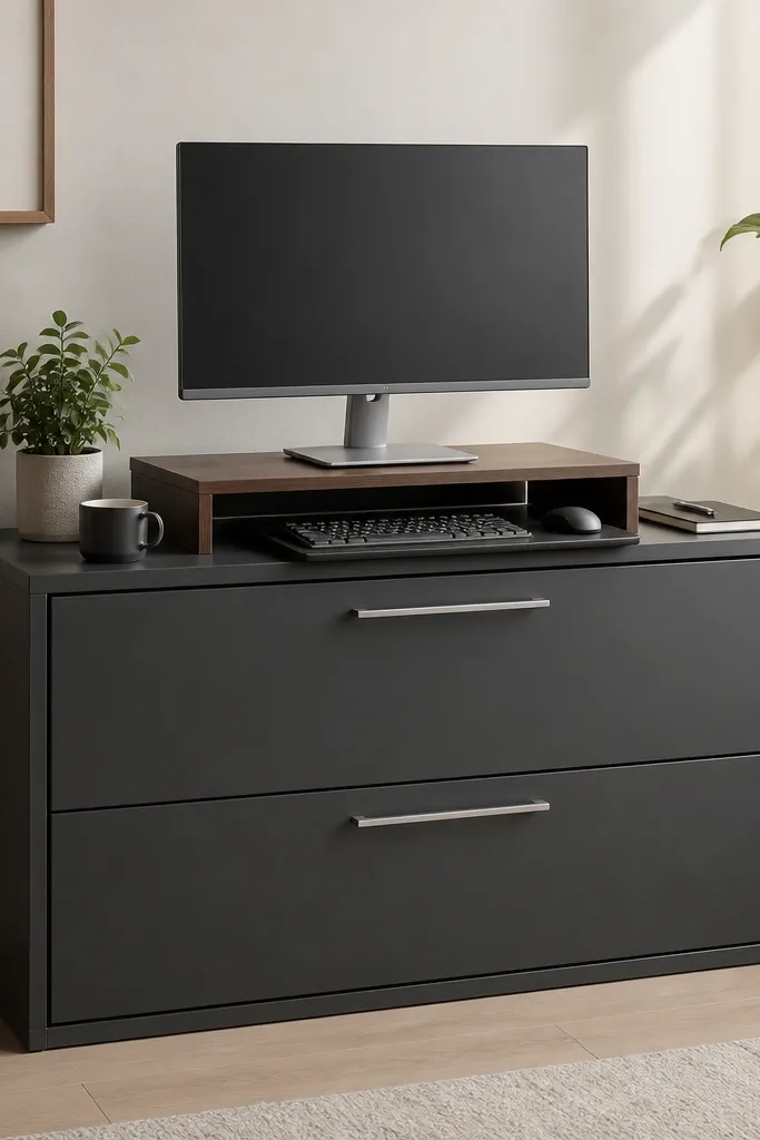 A low closed filing cabinet with a monitor stand on top, a keyboard tray below, and a drawer handle aligned for easy reach.