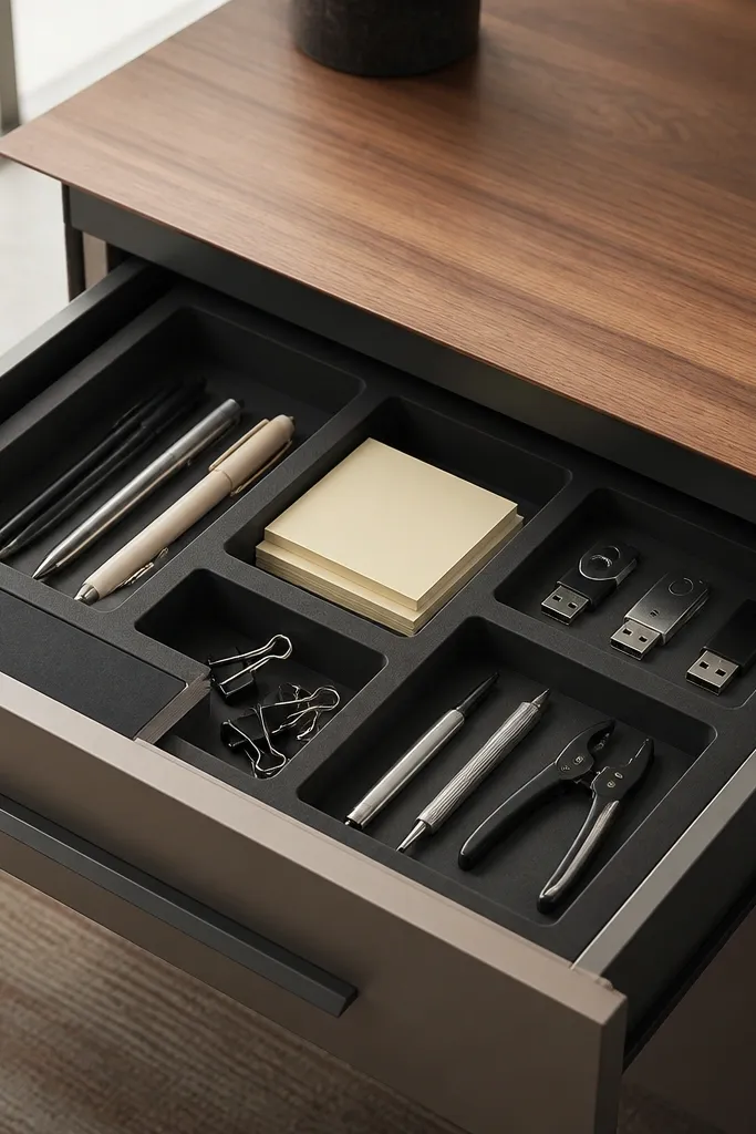 A desk drawer opened to show custom-fit foam or plastic dividers, with labeled sections for pens, sticky notes, USB drives, and small tools.