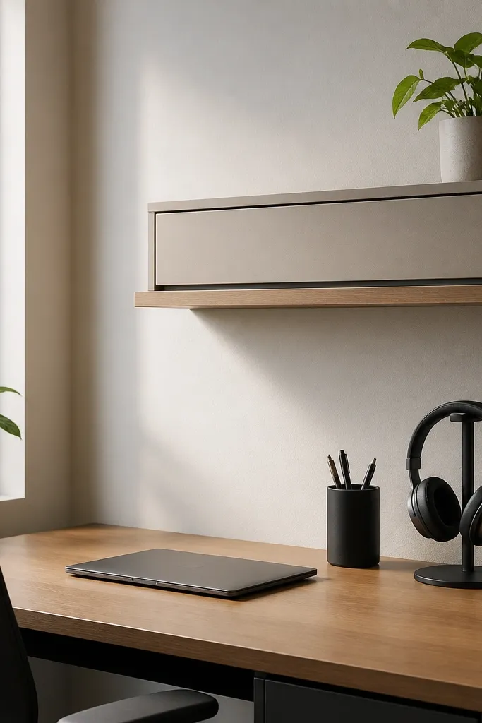 A floating wall shelf above the desk holding a closed front storage box, with a small pen cup and a headset stand sitting neatly on the desk below.