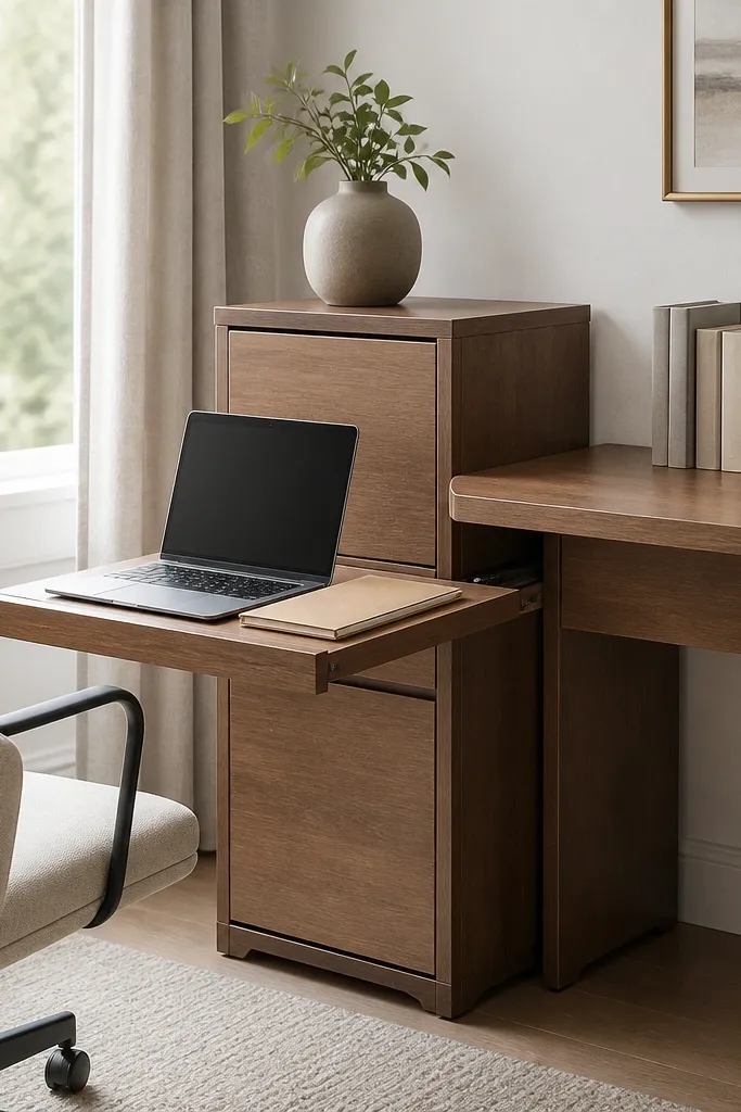 A narrow side cabinet next to the desk with a pull-out tray extended, holding a laptop and a folder, while the rest of the cabinet hides supplies.