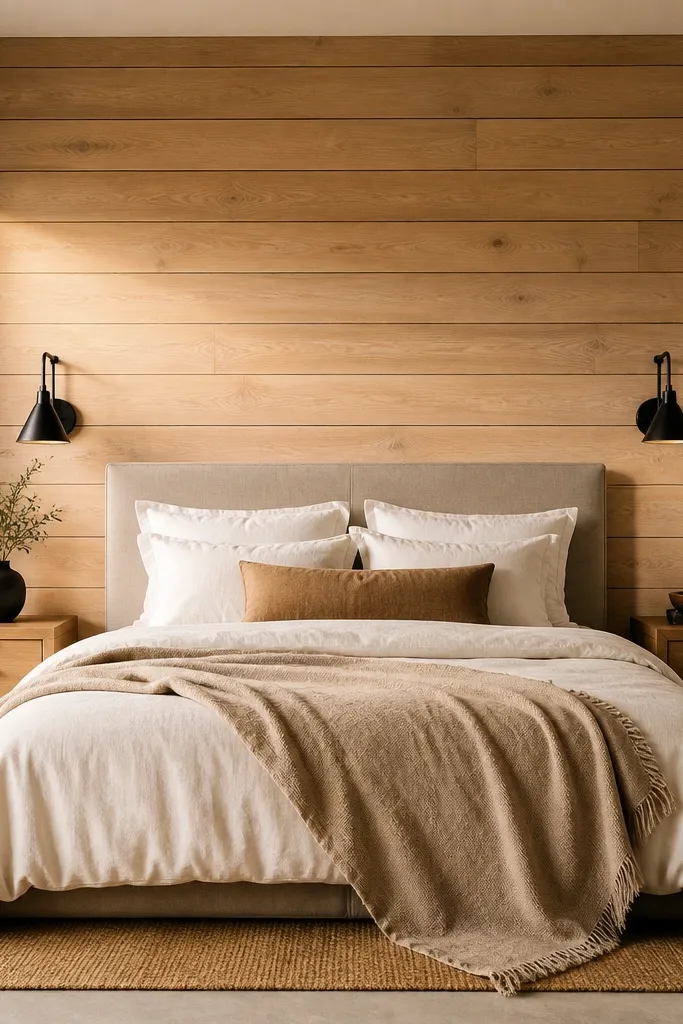 Light oak planks behind a bed with a simple headboard