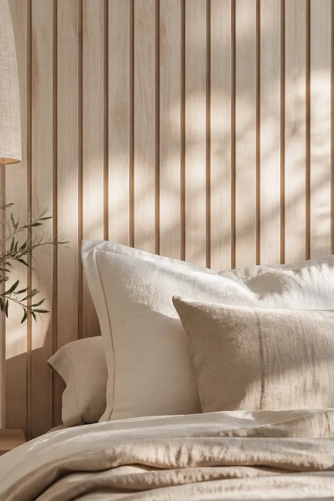 Whitewashed oak slats on the wall behind a bed