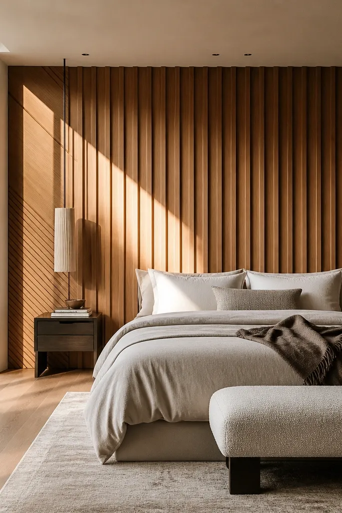 Wood battens with subtle diagonal accents in the bedroom