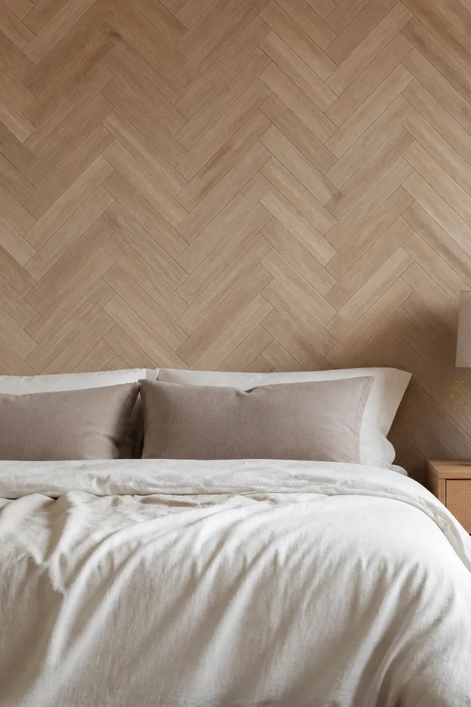 Herringbone wood pattern accent wall behind a bed