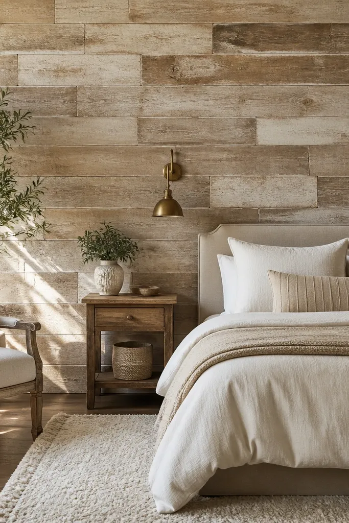 Reclaimed-style planks with lighter limewashed edges behind a bed
