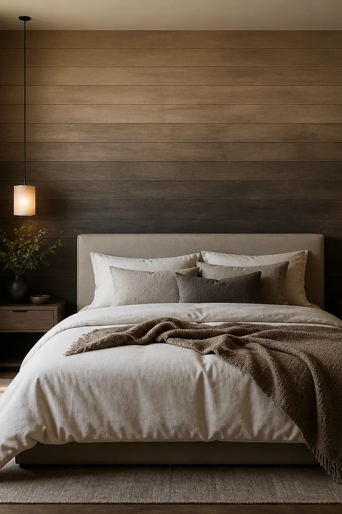Two-tone wood ombre accent wall behind a bed