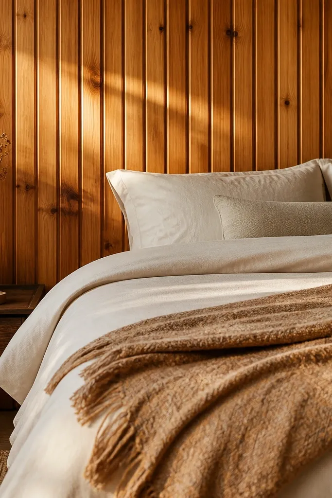 Knotty pine slats with warm amber finish behind a bed