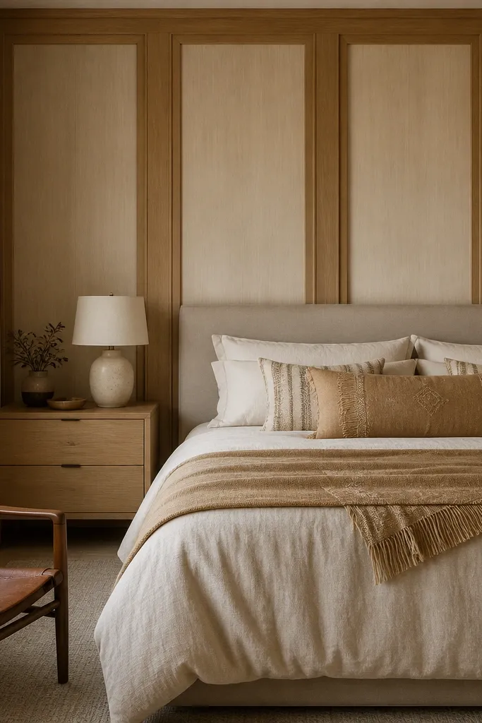 Wood paneling style wall with vertical rails behind a bed
