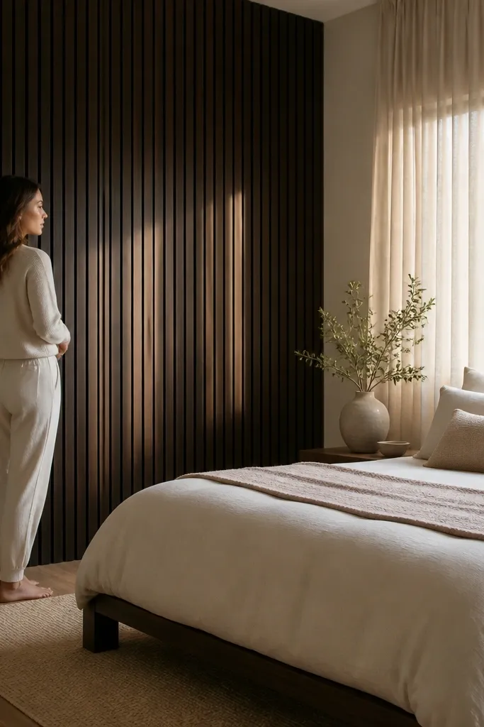 Black-brown wood slats accent wall behind a bed