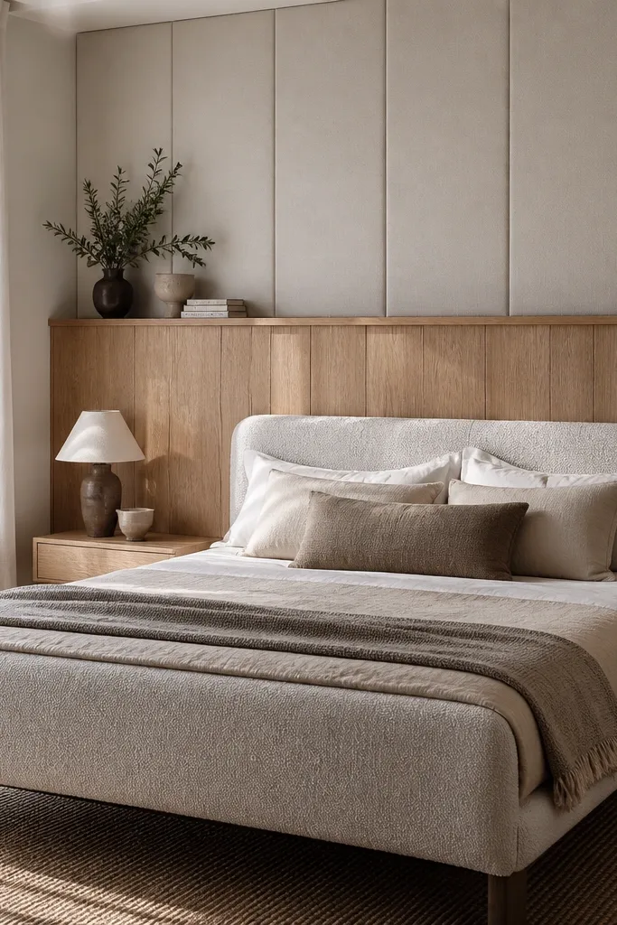 Wood ledge accent wall with linen panels above behind a bed