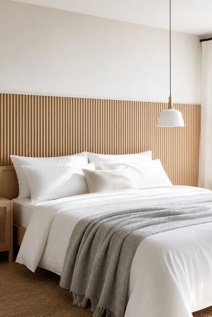 Half-height wood slat wall with open space above behind a bed
