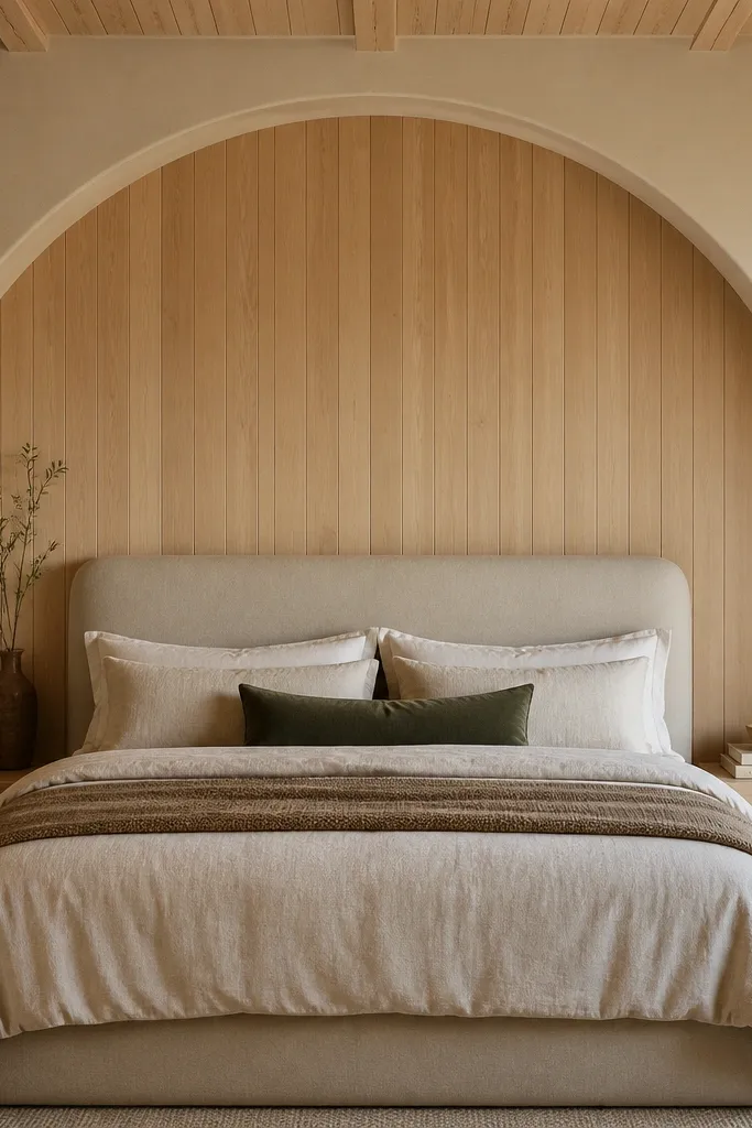 Tongue-and-groove beech wall with a curved niche behind the bed