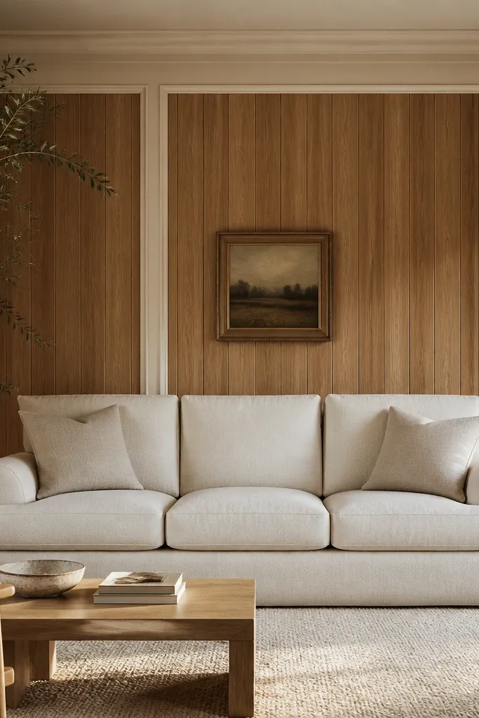 A living room with vertical wood panel walls in warm oak. The panels are framed by crisp warm white trim. A cream three-seat sofa sits opposite, with two matching linen throw pillows and a light wool area rug.
